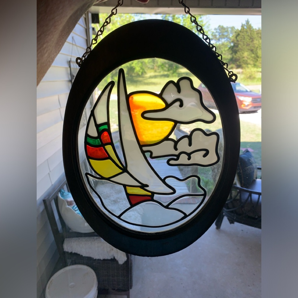 ☀️Vintage Faux Stained Glass Sailboat Sun Water Hanging Wall Art ⛵️Lake House